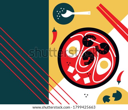 Chinese cuisine. Asian food vector illustration. Noodle dishes top view frame. Food menu design with cooked noodles. Asian cuisine menu background.