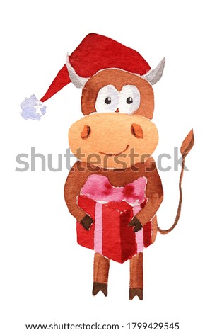 Watercolor illustration of a new year
 bull in a red cap with a box of gifts