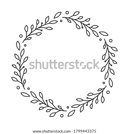 Frame from floral elements. Vector black and white round frame, border, divider, circle shape, branches and leaves. Drawn line art elements, naturalness and minimalism. Trending style for wedding Royalty-Free Stock Photo #1799443375