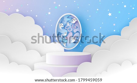 Circle stage podium scene on night sky with baby ghost spirit flying out the soul gate on Halloween. Ghost spirit in the magic gate. paper cut and craft style. vector, illustration.
