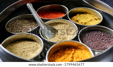 Spice box Indian masala dabba, Indian spices box with a small spoon, close up Royalty-Free Stock Photo #1799465677