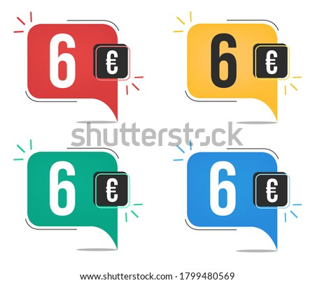 Six euro price. Yellow, red, blue and green currency tags. Balloon concept.