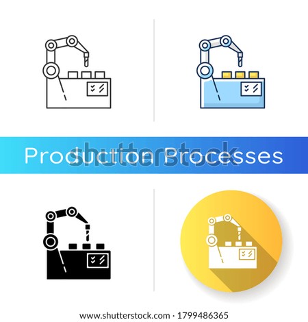 Production automation icon. Linear black and RGB color styles. Industrial revolution, manufacturing process innovation. Mechanical assembly line. Robot arm isolated vector illustrations