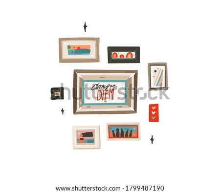 Hand drawn vector abstract stock flat graphic illustration with indoor interior wall frames and motivational lettering quote Carpe diem isolated on white background