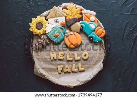 Hello Fall. Multicolored autumn cookies on a black background. Autumn concept
