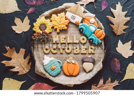 Hello October. Multicolored autumn cookies on a black background. Autumn concept