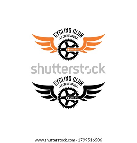 Set of color illustrations of bicycle gear, wings, text on a white background. Vector illustration advertises extreme sports and mountain biking travel. Cycling club logo.