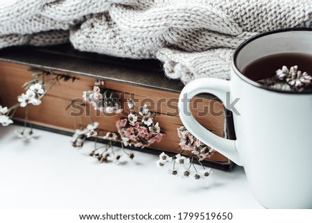 Old book with field flowers as bookmarks, warm sweater and a cup of tea with mint leaves on background. Photo