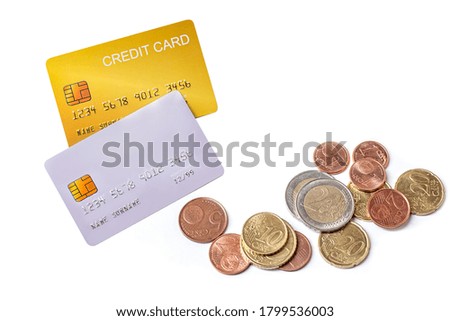 demo credit card  with euro money on white background.