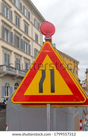 Road Narrow Traffic Sign at Construction Site in City