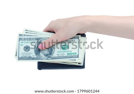 Money dollars with wallet in hand on white background isolation