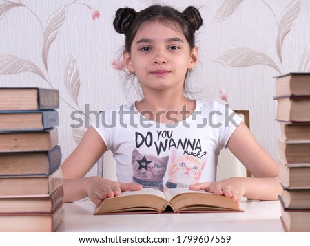 schoolgirl read book, studying from at home, homeschooling concept. tired of studying
