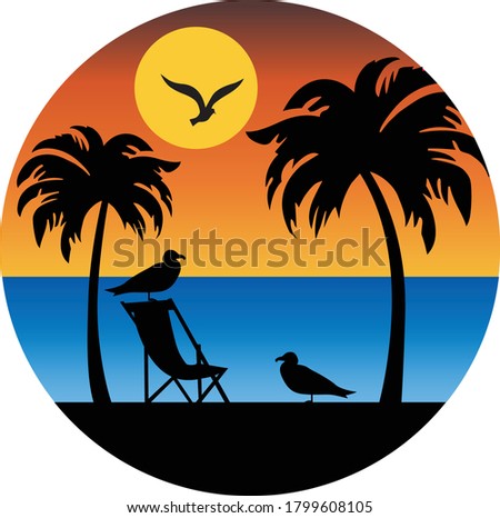 palm trees and seagulls silhouette with sunset vector illustration