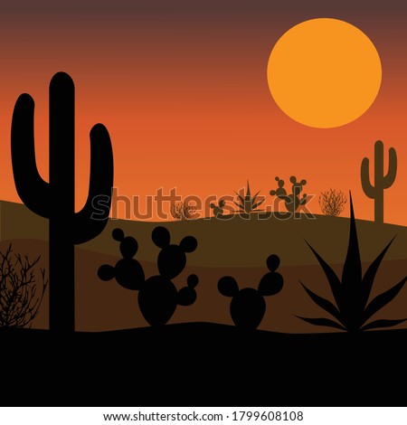 desert cactus silhouette with gradient sunset background
