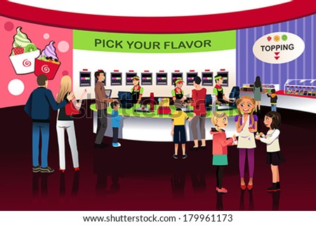 A vector illustration of People in a yogurt ice cream store