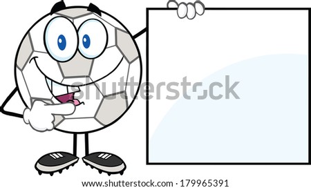 Happy Soccer Ball Cartoon Character Showing A Blank Sign. Raster Illustration Isolated on white