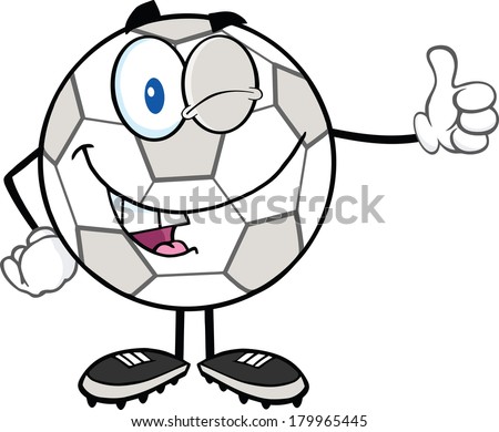 Winking Soccer Ball Cartoon Character Holding A Thumb Up. Raster Illustration Isolated on white