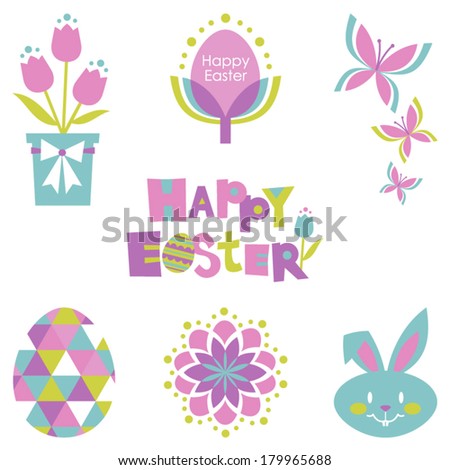 Fun Graphic Easter Set in Purple, Blue, and Green: Vector Illustration