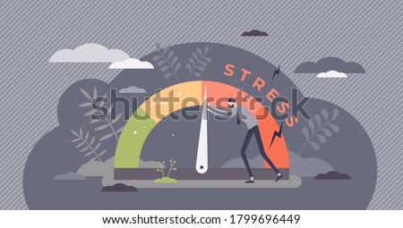 Stress level reduced with problem and pressure solving tiny persons concept. Tired from frustration employee in job vector illustration. Angry tension in business lifestyle. Emotional overload scene. Royalty-Free Stock Photo #1799696449