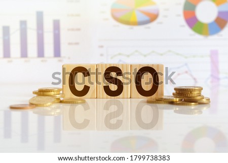 Chief strategy officer. CSO the word on wooden cubes, cubes stand on a reflective surface, in the background is a business diagram. Business and finance concept