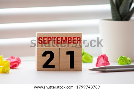 September 21st. Day 21 of month. Calendar cube on modern pink background, concept of bussines and an importent event.