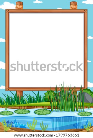 Blank wooden frame in nature park scene with swamp illustration