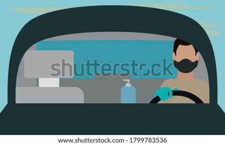 Man driving wearing mask. Coronavirus prevention - Vector