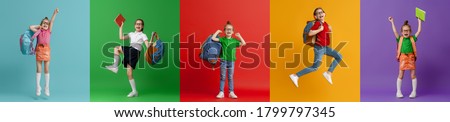 Back to school and happy time! Collage of five children on colorful paper wall background. Kids with backpack. Girls glad ready to study.                           