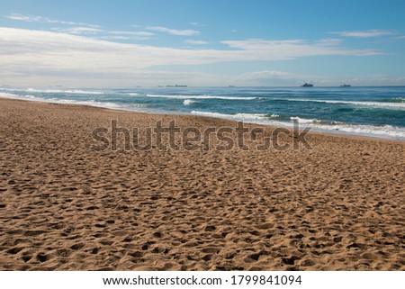 Stretch of beach with ships anchored on horizon