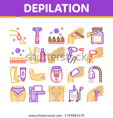 Depilation Procedure Collection Icons Set Vector. Depilation Equipment Razor And Laser, Epilation Device For Cosmetology Treatment Concept Linear Pictograms. Color Contour Illustrations