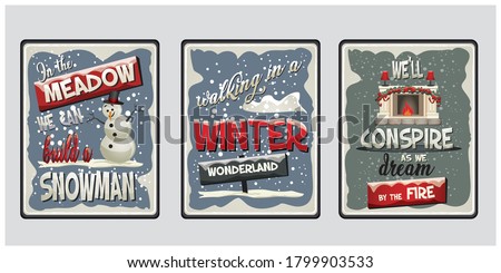 Vector illustration of cute retro winter wonderland song cards. 