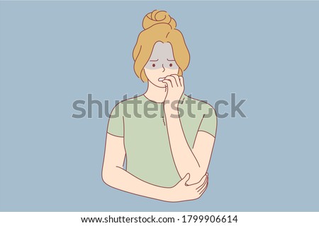 Emotion, face, expression, problem, mental stress, worry, depression, anxiety concept. Young anxious worried woman girl teenager charater looking stressed and nervous with hands on mouth biting nails. Royalty-Free Stock Photo #1799906614