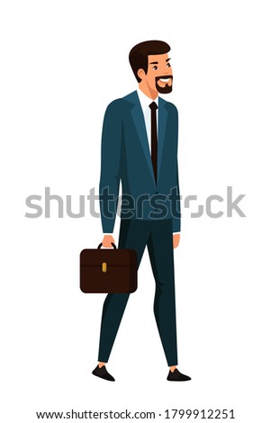 Successful businessman with briefcase. Smiling office employee in suit standing in front view. Executive manager or bank clerk. Vector character illustration of person isolated on white background