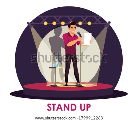 Vector comic artist performing standup on stage. Young guy telling funny story in microphone for audience standing under spotlight. Amusement entertainment, leisure time and festival concept