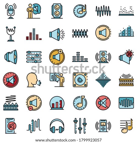 Acoustics icons set. Outline set of acoustics vector icons thin line color flat on white