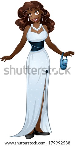 Vector illustration of an african woman in white evening dress. 