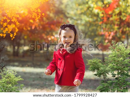 Portrait of сheerful and happy child,  girl in a bright red coat and gray knitted skirt plays with autumn leaves on a sunny day in the park. Childhood. Autumn concept. 
