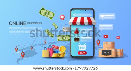 Online shopping on application and website concept, digital marketing and money online, shopping cart with new items on smartphone screen. Royalty-Free Stock Photo #1799929726
