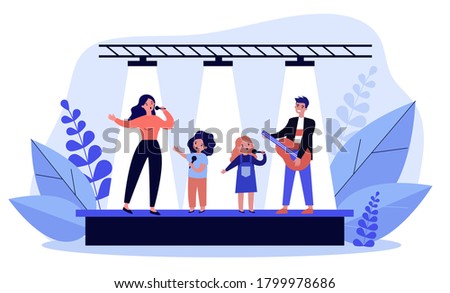 Family talent show. Woman and children singing with mic, man playing guitar on stage flat vector illustration. Musical performance, entertainment concept for banner, website design or landing web page