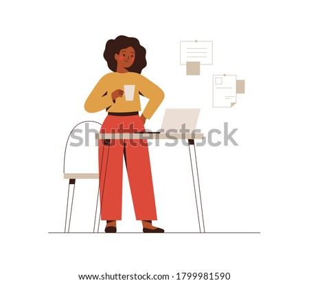 African American businesswoman works from office or home. A confident black female entrepreneur holds coffee and uses a laptop for planning or online meeting. Vector illustration isolated on white. Royalty-Free Stock Photo #1799981590