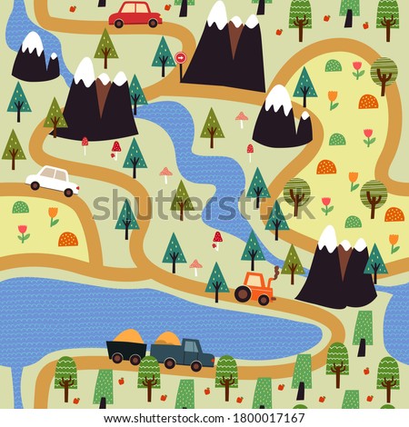 Childish seamless pattern with mountains, river, forest,  plants and endless car road. Vector illustration.