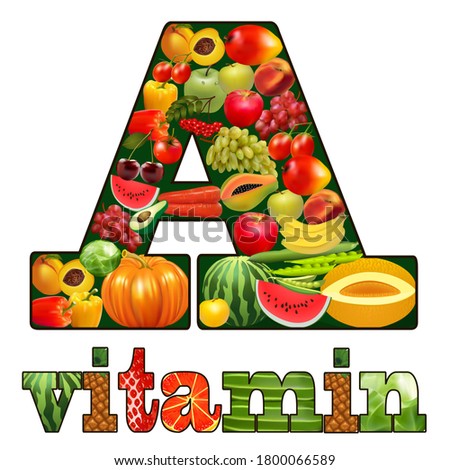 Illustration of herbal products with vitamin A arranged in the letter