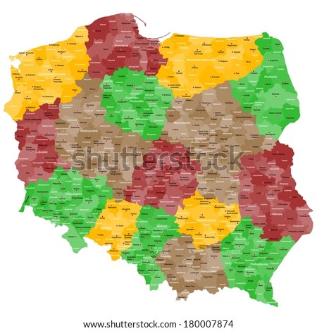 Map of Poland with many details, counties and cities. Royalty-Free Stock Photo #180007874