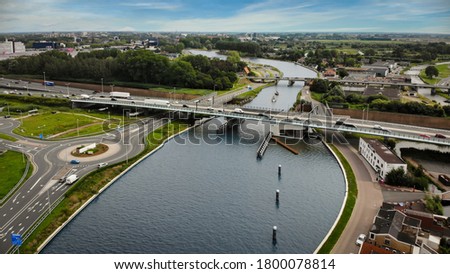 Aerial drone image of the beautiful Amalia and Coenecoop bridges close to Waddinxveen and Gouda over the canal Gouwe.