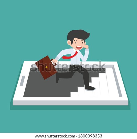 businessman Running Up Stairs with Mobile Phone 