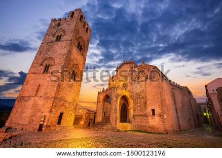 Erice, Sicily - Santa Maria basilica, norman architecture in south  of Italy, twilight view. Royalty-Free Stock Photo #1800123196