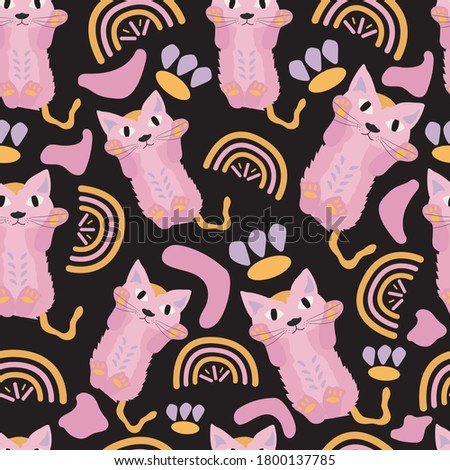 Perfect pattern of pink cats. Black background. Creative texture. Vector illustration.