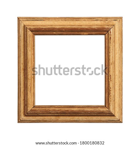 Vintage old antique brown painted square massive picture frame with cracked paint isolated on white, close up