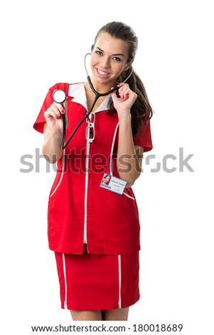 Pretty  spectacled women  doctor  showing stetoscpoe