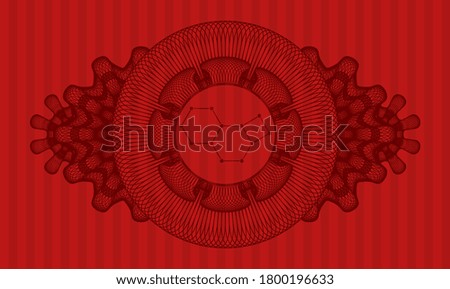 Guilloche decoration molecule icon inside red realistic emblem. Bars handsome background. Vector illustration. 